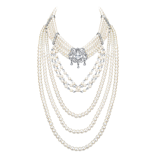 11768 EVER FAITH Crystal Multi-Strand Layered Ivory Color Simulated Pearl Vintage Style Bib Collar Statement Necklace