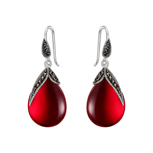 12825 EVER FAITH Teardrop Dangle Earrings, 925 Sterling Silver Synthetic Red Corundum Retro Double Leaf Gemstone Crystal Jewelry for Women