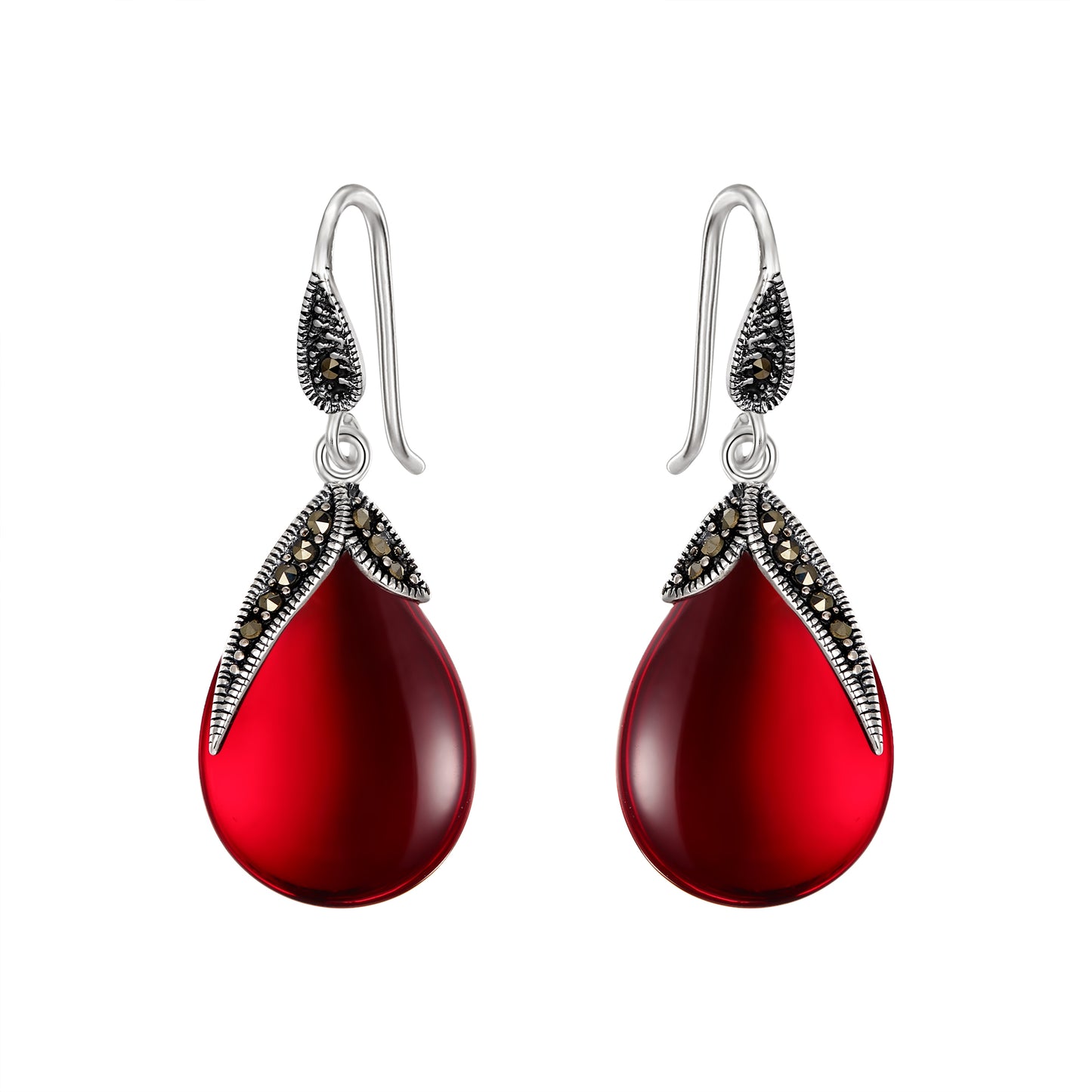 12825 EVER FAITH Teardrop Dangle Earrings, 925 Sterling Silver Synthetic Red Corundum Retro Double Leaf Gemstone Crystal Jewelry for Women