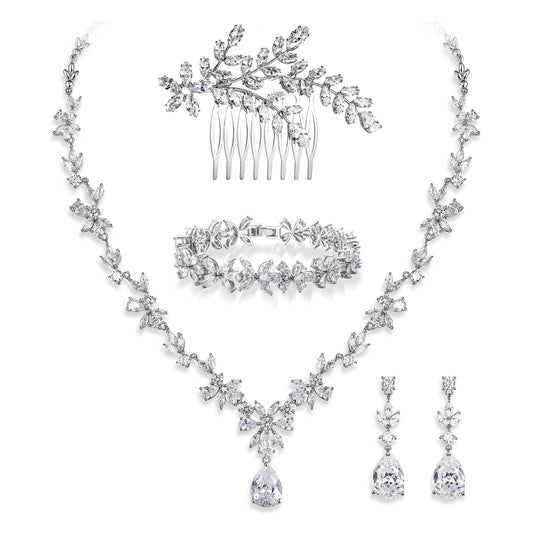 12836 EVER FAITH Wedding Jewelry Sets for Women Brides Bridesmaids, White Gold Plated Floral Cubic Zirconia Bridal Necklace Dangle Earrings Bracelet Hair Comb Set for Women