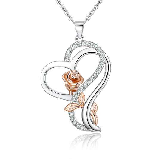 13724 EVER FAITH Heart Rose Necklace 925 Sterling Silver White CZ Rosed Gold Flower Pendant RomanticBirthday/Valentines Day/Mothers Day/Christmas Jewelry Gift for Women Mother Daughter