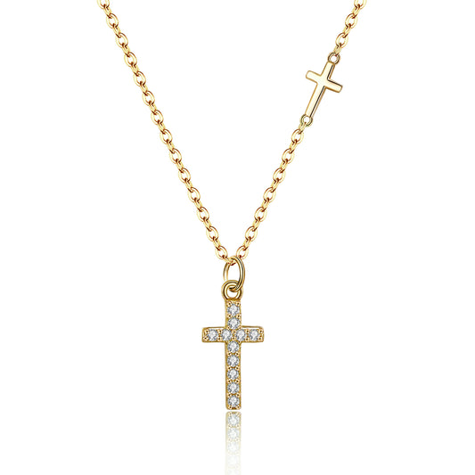 13833 EVER FAITH 925 Sterling Silver Cross Choker Necklace, Sideways Mini Cross Adjustable Chain Classic 14K Gold Pendant Necklace Jewelry for Women