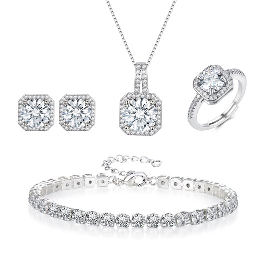 14420 EVER FAITH Weddingl Square Cubic Zirconia Jewelry Sets for Bride Bridesmaid, Glamour Pendant Necklace Earrings Tennis Bracelet Open Ring Sets for Women