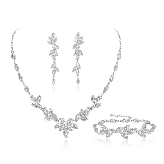 14431 EVER FAITH Cubic Zirconia Bridal Jewelry Set for Bride Bridesmaid, Elegant Marquise Leaf Necklace Dangle Earrings Bracelet Set for Woman