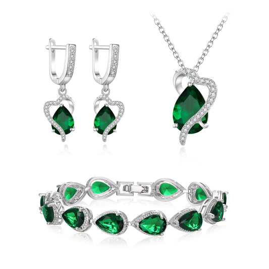 14432 EVER FAITH Teardrop Cubic Zirconia Party Jewelry Set, Birthstone Love Heart Necklace Earrings Tennis Bracelet Set for Birthday/Mother's Day Jewelry Gifts for Mom/Wife/Friend Green Silver-Tone