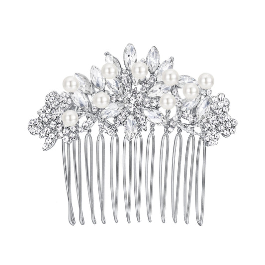 13556 Austrian Crystal Cream Simulated Pearl Leaf Flower Bridal Hair Accessories Side Comb 2.5"