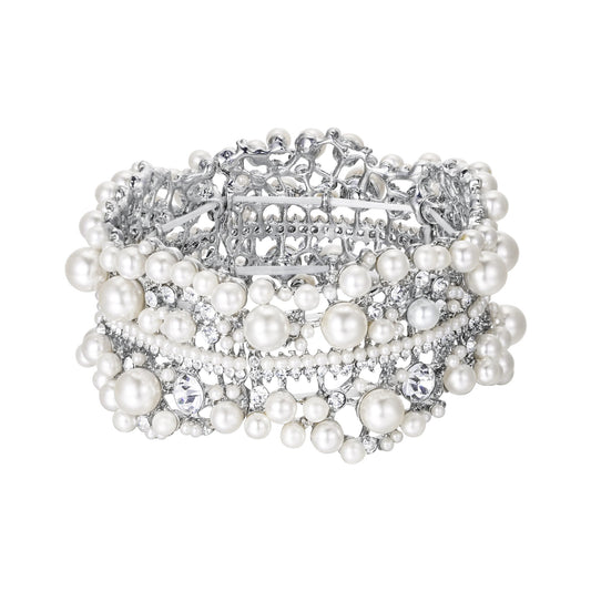 01352 White Austrian Crystal Simulated Pearl Bridal Flower Stretch Bracelet