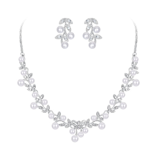 03345 Simulated Pearl White Crystal Party Bridal Vintage Vine Leaf Bowknot Jewelry Set