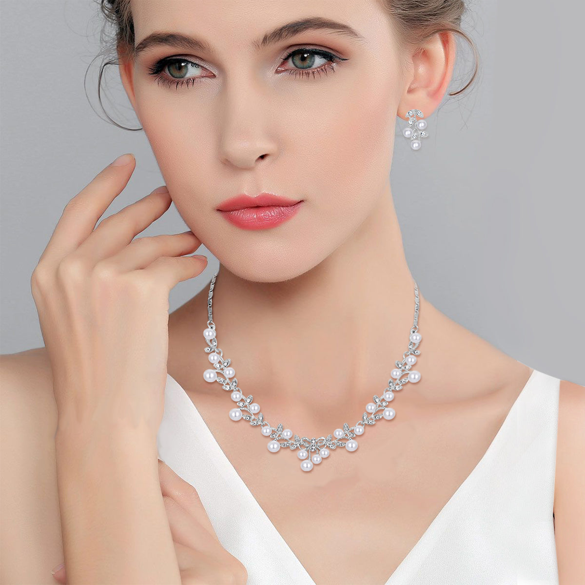 03345 Simulated Pearl White Crystal Party Bridal Vintage Vine Leaf Bowknot Jewelry Set