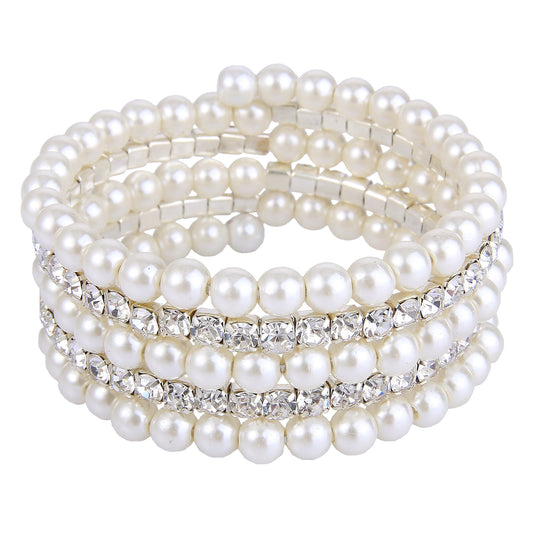 03803 Clear Austrian Crystal Layers Cream Ivory Color Simulated Pearl Strand Bracelet