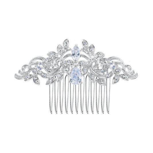 04184 White CZ Zircon Crystal Vintage 1920s Hair Accessories Leaf Wave Bridal Hair Comb