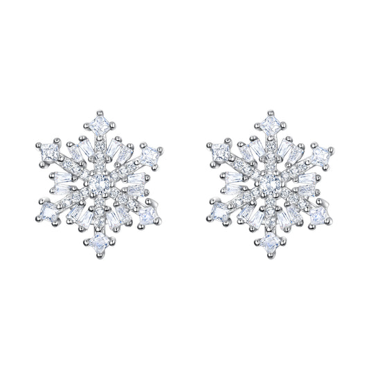 07292 925 Sterling Silver White Cubic Zirconia Winter Snowflake Stud Earrings 0.6"