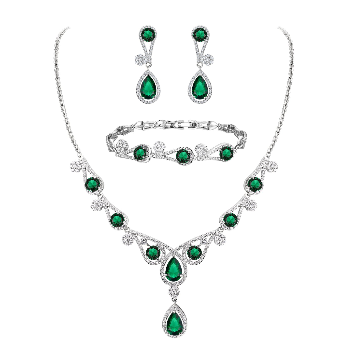 08311 Gorgeous CZ Lots Hollow-Out Teardrop Necklace Earrings Bracelet Jewelry Set