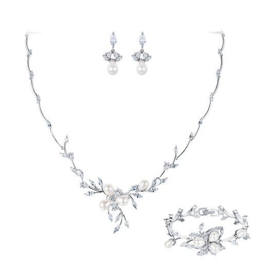 10230 Marquise Cubic Zirconia Simulated Pearl Wedding Prom Flower Leaf Jewelry Set Clear in Silver