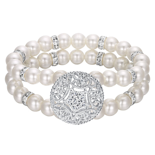 1064001 Crystal Simulated Pearl 2-Rows Bridal 1920s Gatsby Inspired Stretch Bracelet
