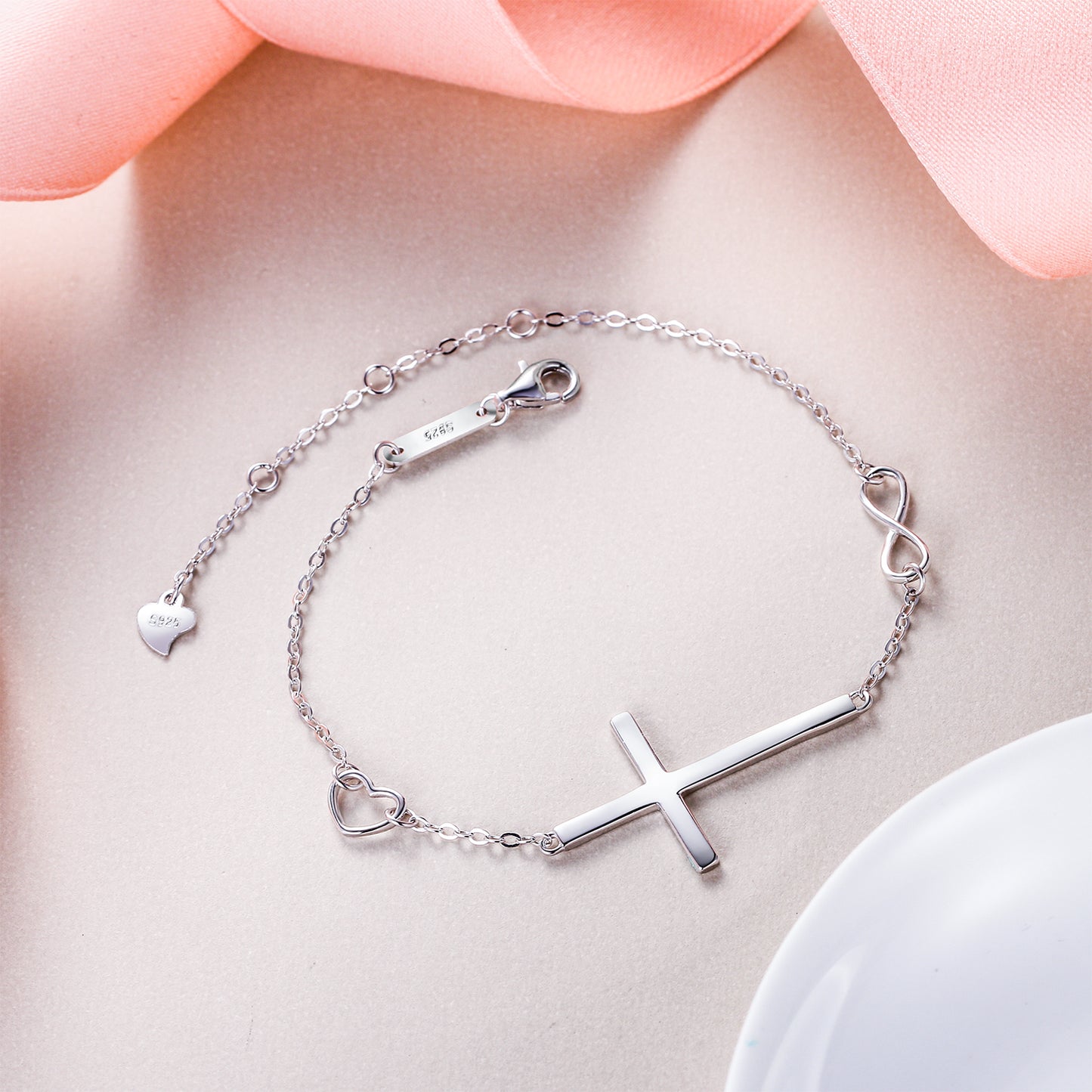 10885 925 Sterling Silver Religious Classic Heart Infinity Charm Cross Bracelets