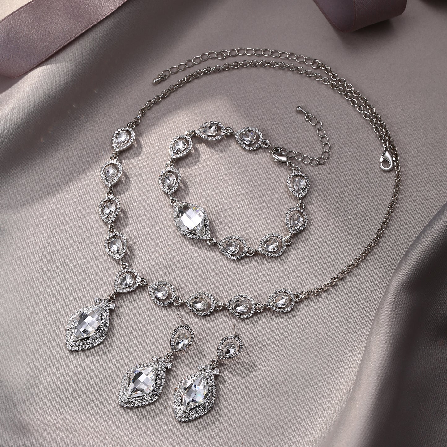 13067 EVER FAITH Bridal Wedding Crystal Marquise Teardrop Pendant Necklace Earrings Bracelet Set